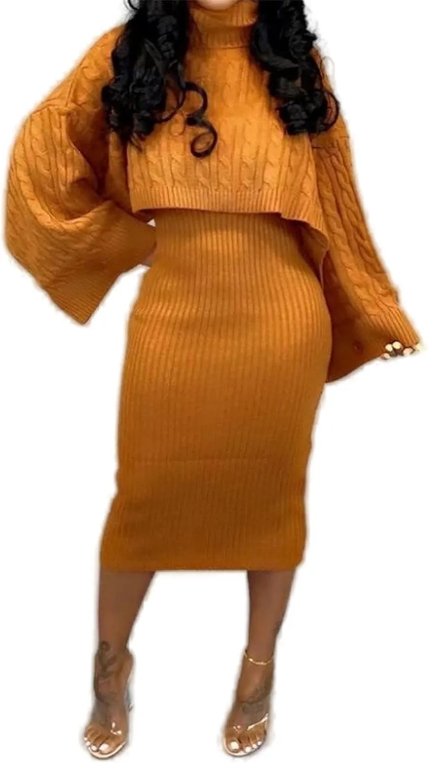 Women's Long Sleeve Sweater Dresses 2 Piece Outfits Sets Knitted Long Sleeve Crop Top Tank Dress Set Warm Party Dress