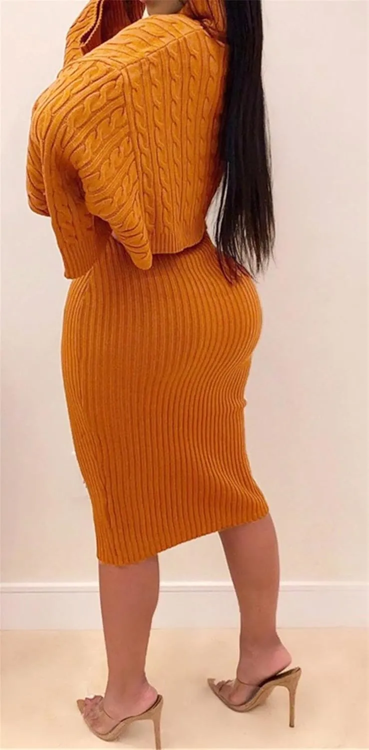 Women's Long Sleeve Sweater Dresses 2 Piece Outfits Sets Knitted Long Sleeve Crop Top Tank Dress Set Warm Party Dress