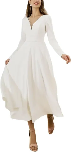 Women's Midi Long Sleeves Wedding Dress for Bride Elegant Tea Length A Line Wedding Dresses for Women