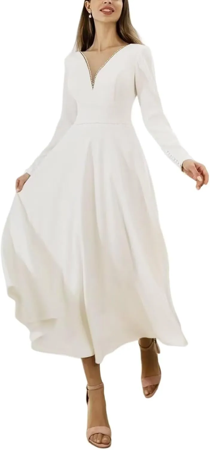 Women's Midi Long Sleeves Wedding Dress for Bride Elegant Tea Length A Line Wedding Dresses for Women