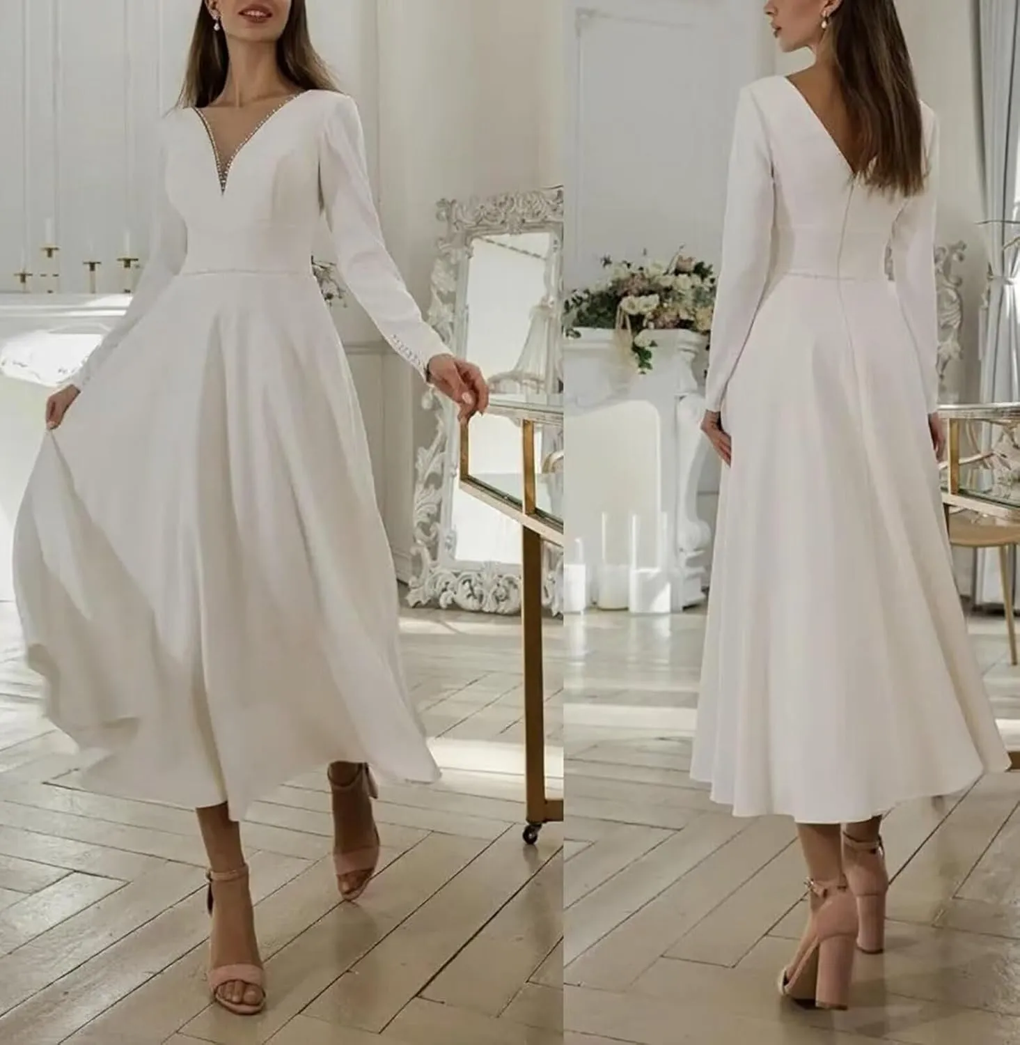 Women's Midi Long Sleeves Wedding Dress for Bride Elegant Tea Length A Line Wedding Dresses for Women