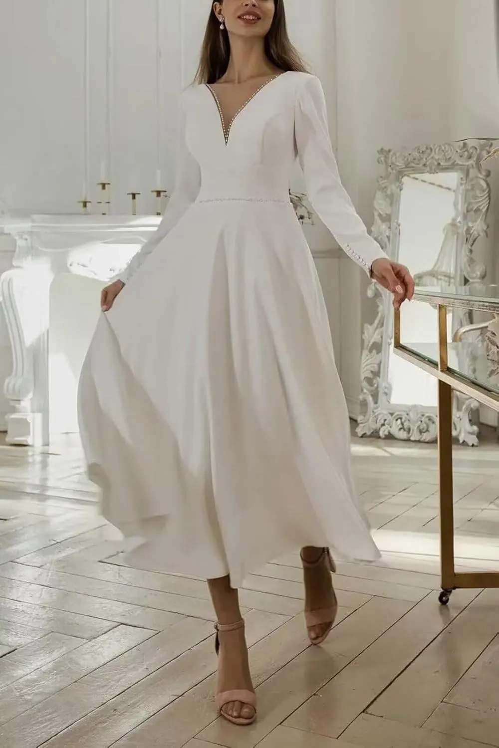 Women's Midi Long Sleeves Wedding Dress for Bride Elegant Tea Length A Line Wedding Dresses for Women
