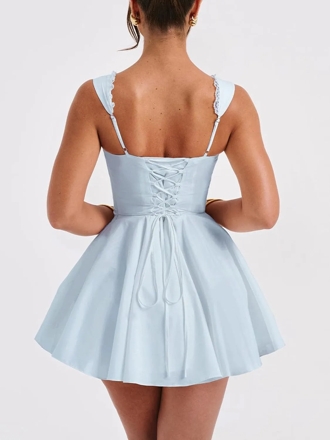 Women's Mini Corset Dress Summer Sleeveless Backless Lace Trim Ruffle Hem Bustier A-line Dresses for Party Club