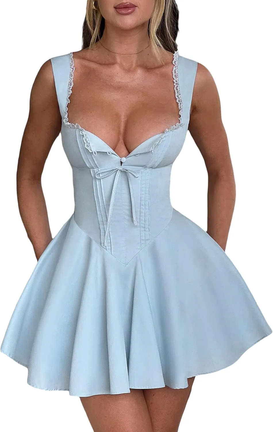 Women's Mini Corset Dress Summer Sleeveless Backless Lace Trim Ruffle Hem Bustier A-line Dresses for Party Club