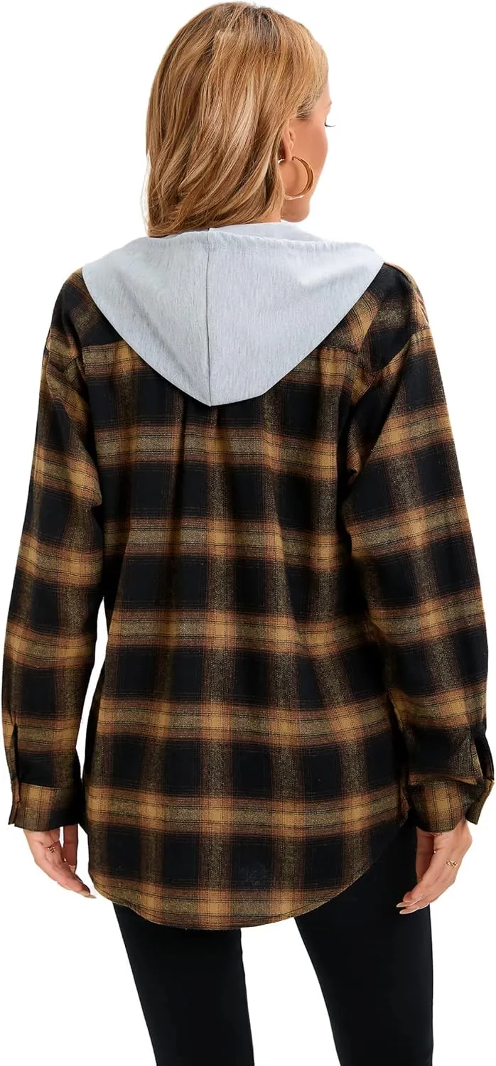 Women's Plaid Flannel Shirts Hoodie Long Sleeve Oversized Shirt Jacket Button Down Blouse Tops
