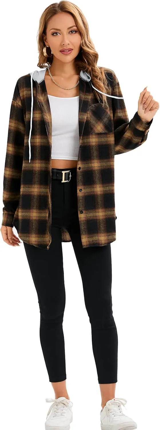 Women's Plaid Flannel Shirts Hoodie Long Sleeve Oversized Shirt Jacket Button Down Blouse Tops