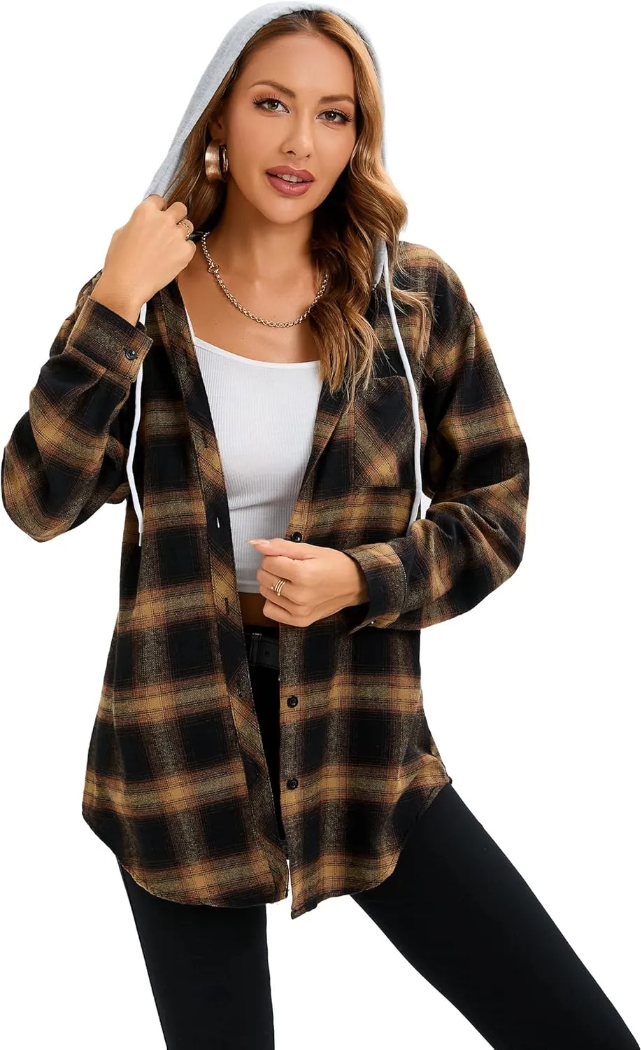 Women's Plaid Flannel Shirts Hoodie Long Sleeve Oversized Shirt Jacket Button Down Blouse Tops