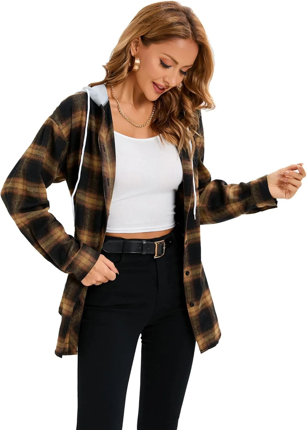 Women's Plaid Flannel Shirts Hoodie Long Sleeve Oversized Shirt Jacket Button Down Blouse Tops