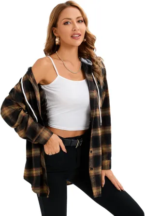 Women's Plaid Flannel Shirts Hoodie Long Sleeve Oversized Shirt Jacket Button Down Blouse Tops