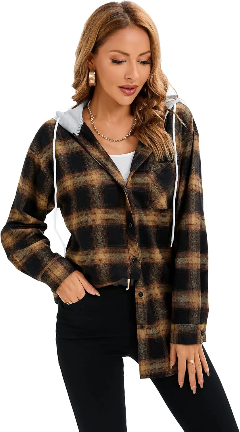 Women's Plaid Flannel Shirts Hoodie Long Sleeve Oversized Shirt Jacket Button Down Blouse Tops