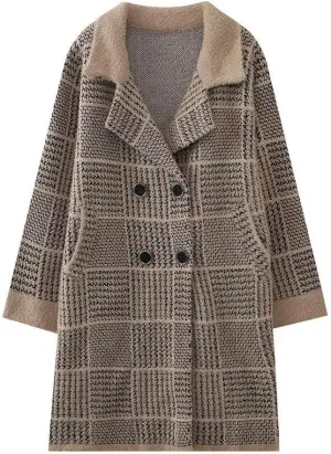 Women's Plaid Knit Coatigan Coats Long Sleeve Casual Lapel Trench Coat Double Breasted Overcoat Outerwear with Pockets
