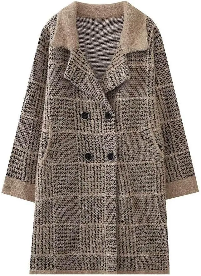 Women's Plaid Knit Coatigan Coats Long Sleeve Casual Lapel Trench Coat Double Breasted Overcoat Outerwear with Pockets