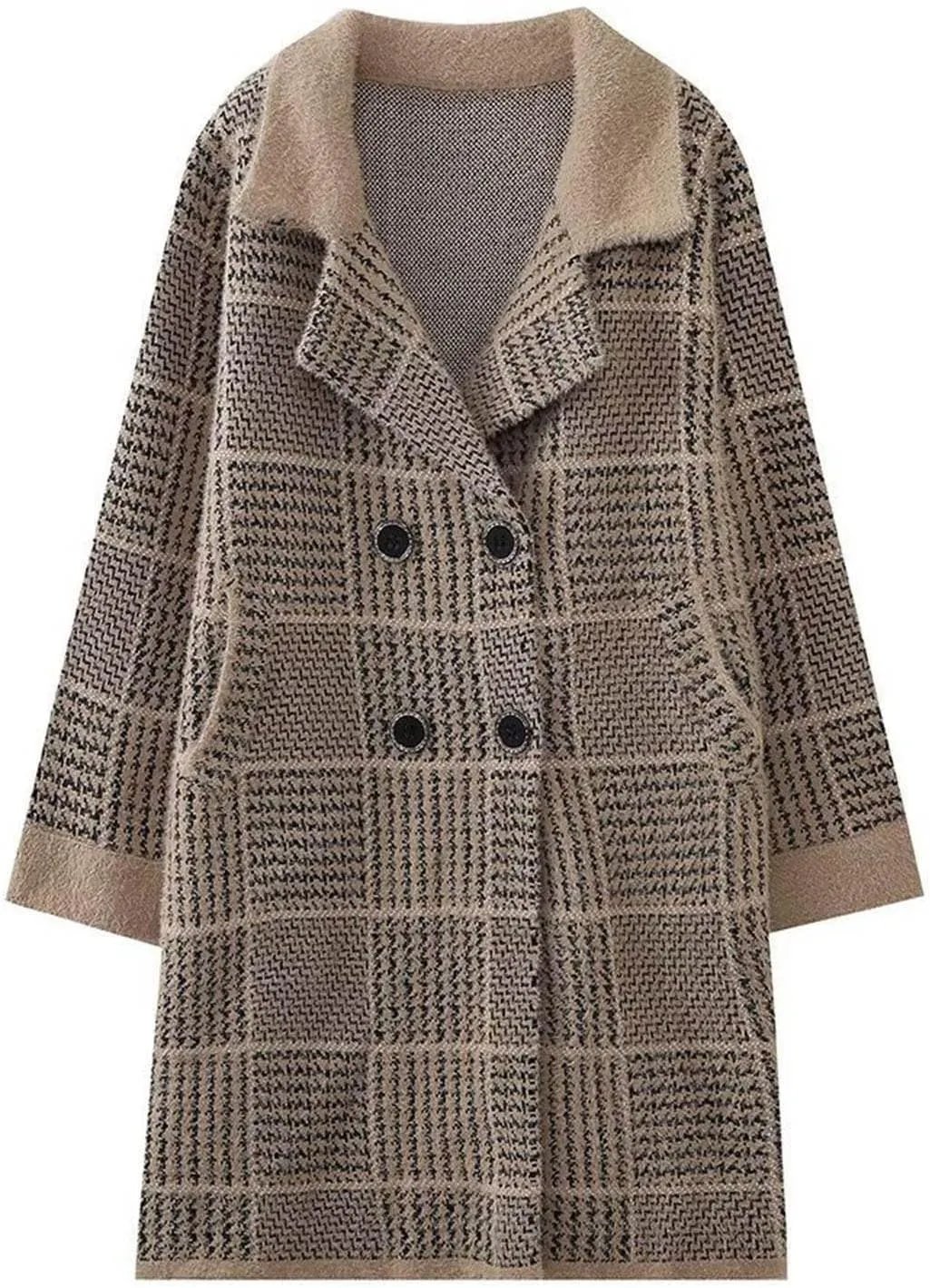 Women's Plaid Knit Coatigan Coats Long Sleeve Casual Lapel Trench Coat Double Breasted Overcoat Outerwear with Pockets