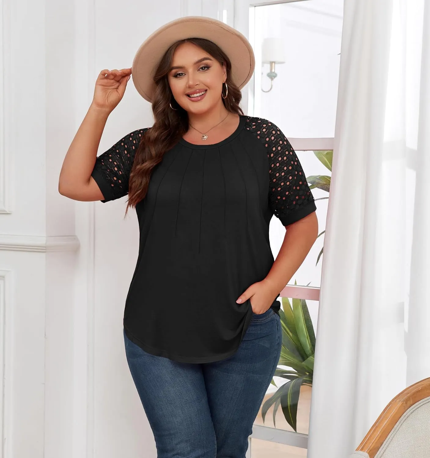 Women's Plus Size Lace Shirt Short Sleeve Round Neck Tops Basic Ladies Loose Fit T Shirt