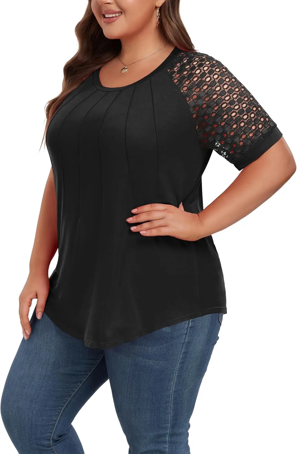 Women's Plus Size Lace Shirt Short Sleeve Round Neck Tops Basic Ladies Loose Fit T Shirt