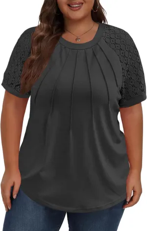 Women's Plus Size Lace Shirt Short Sleeve Round Neck Tops Basic Ladies Loose Fit T Shirt