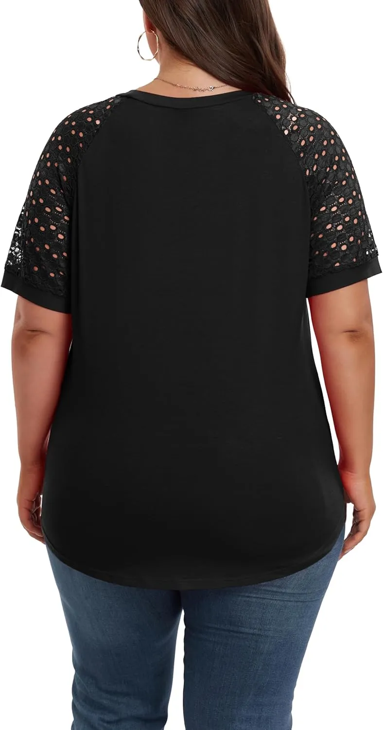 Women's Plus Size Lace Shirt Short Sleeve Round Neck Tops Basic Ladies Loose Fit T Shirt