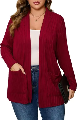 Womens Plus Size Open Front Cardigan Lightweight Long Sleeve Sweaters Tops 2024 Fall Coat Outerwear with Pockets