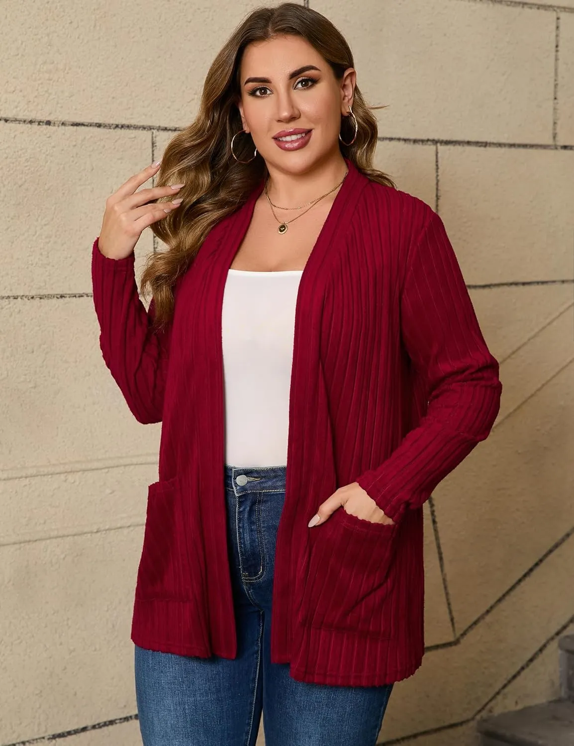 Womens Plus Size Open Front Cardigan Lightweight Long Sleeve Sweaters Tops 2024 Fall Coat Outerwear with Pockets