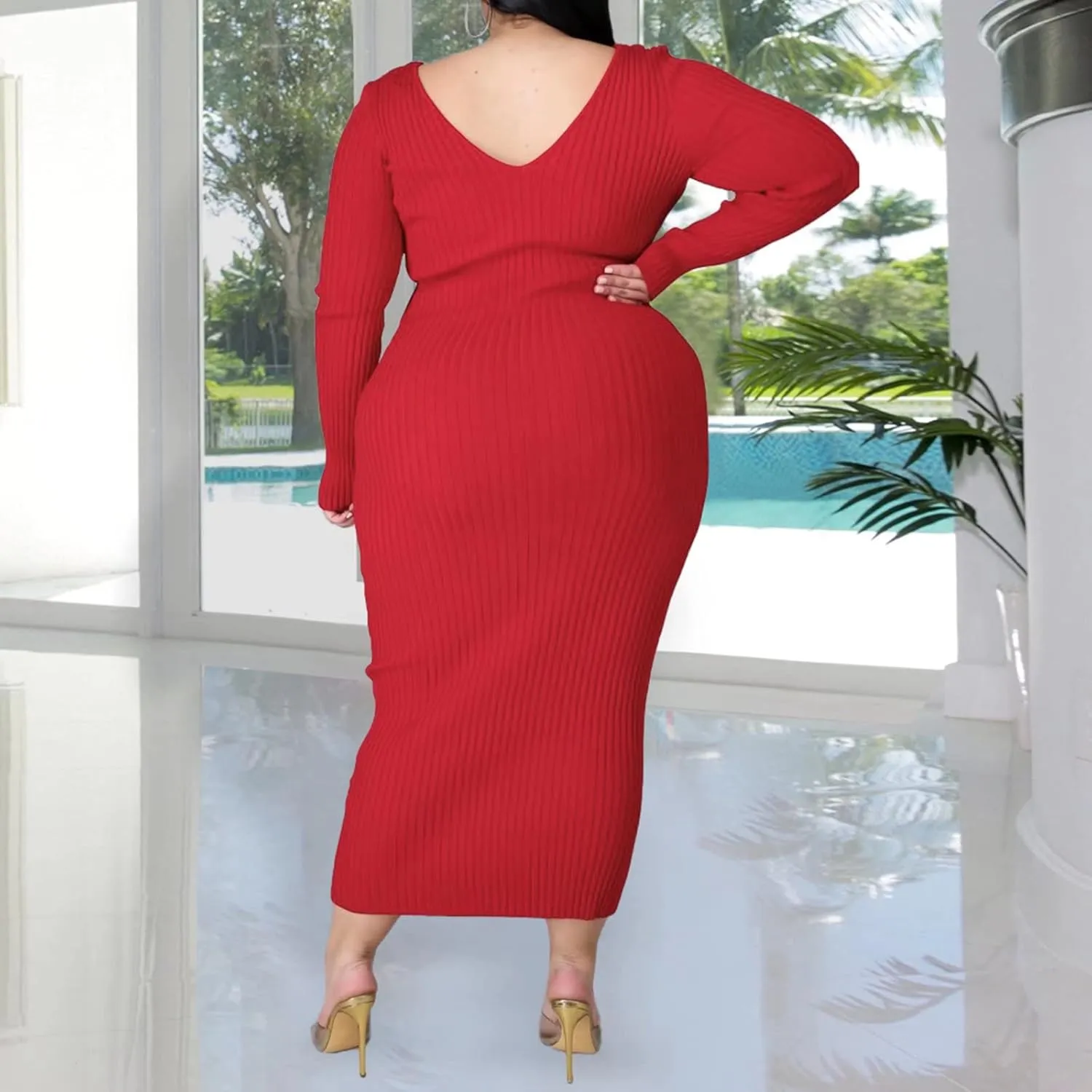 Women's Plus Size Sexy Stretchable Long Sleeve Maxi Sweater Off Shoulder Knit Slim Fit Dress