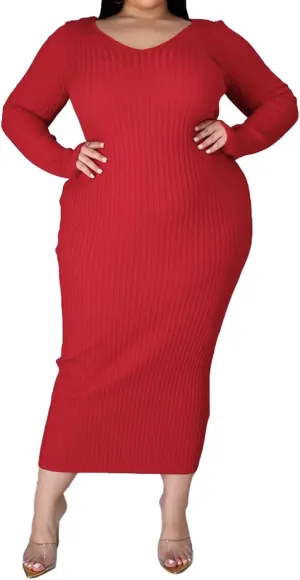 Women's Plus Size Sexy Stretchable Long Sleeve Maxi Sweater Off Shoulder Knit Slim Fit Dress