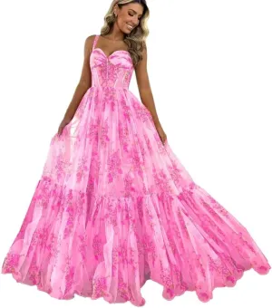 Women's Printed Floral Chiffon Prom Dress Spaghetti Straps A Line Long Ruffles Bridesmaid Evening Formal Ball Gowns