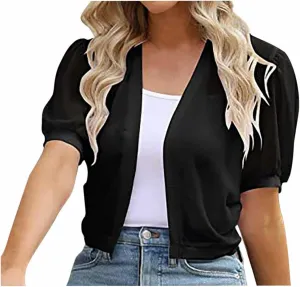 Women's Puff Sleeve Bolero Shrug Lightweight Open Front Cardigan Short Sleeve Summer Cropped Sheer Jackets Tops