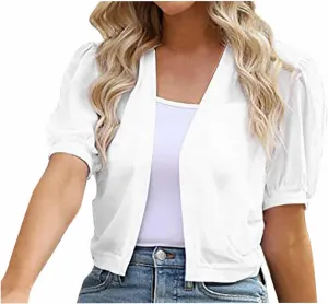 Women's Puff Sleeve Bolero Shrug Lightweight Open Front Cardigan Short Sleeve Summer Cropped Sheer Jackets Tops