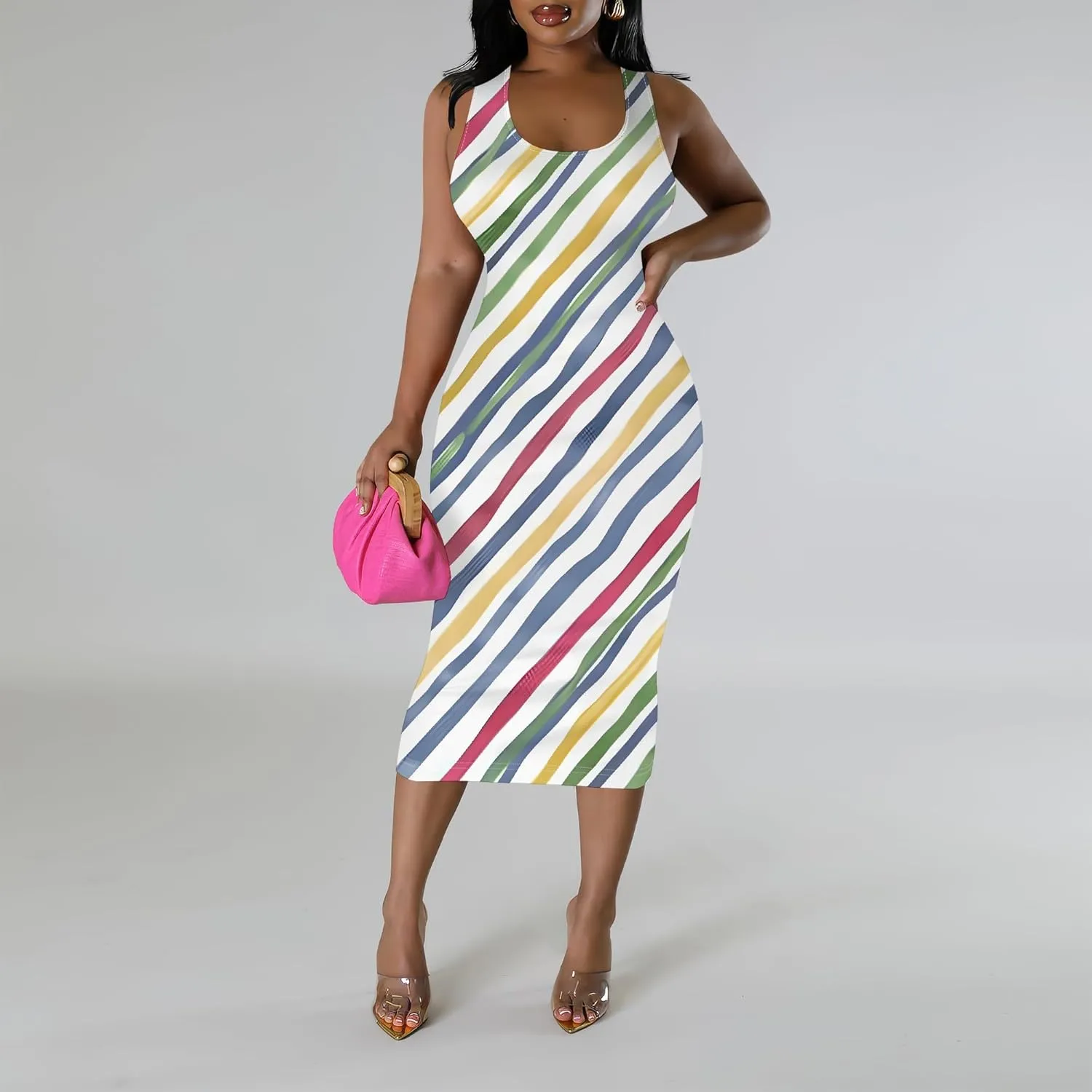 Women's Sexy Bodycon Tank Floral Print Dress Summer Pencil Sleeveless Basic Midi Dresses Party Club Beach Sundresses