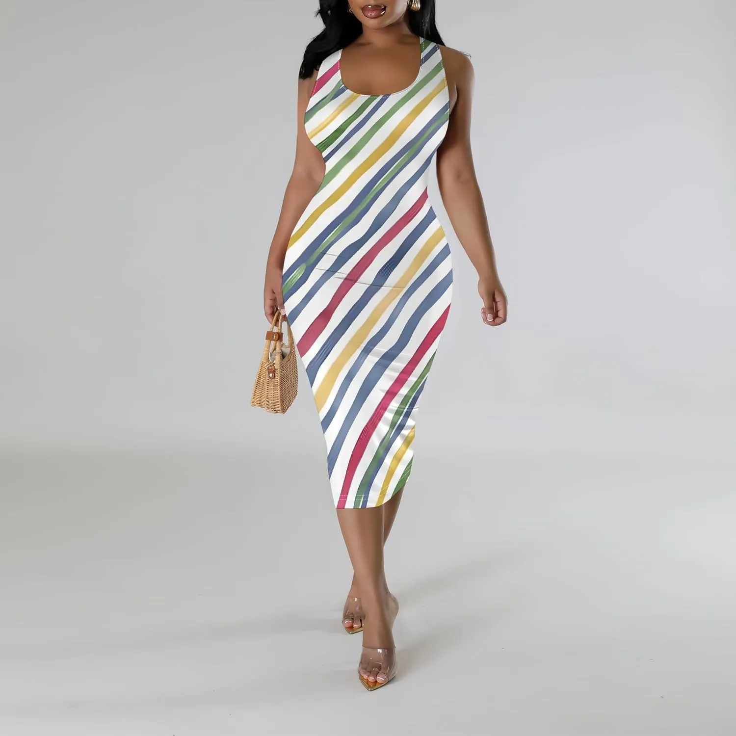Women's Sexy Bodycon Tank Floral Print Dress Summer Pencil Sleeveless Basic Midi Dresses Party Club Beach Sundresses