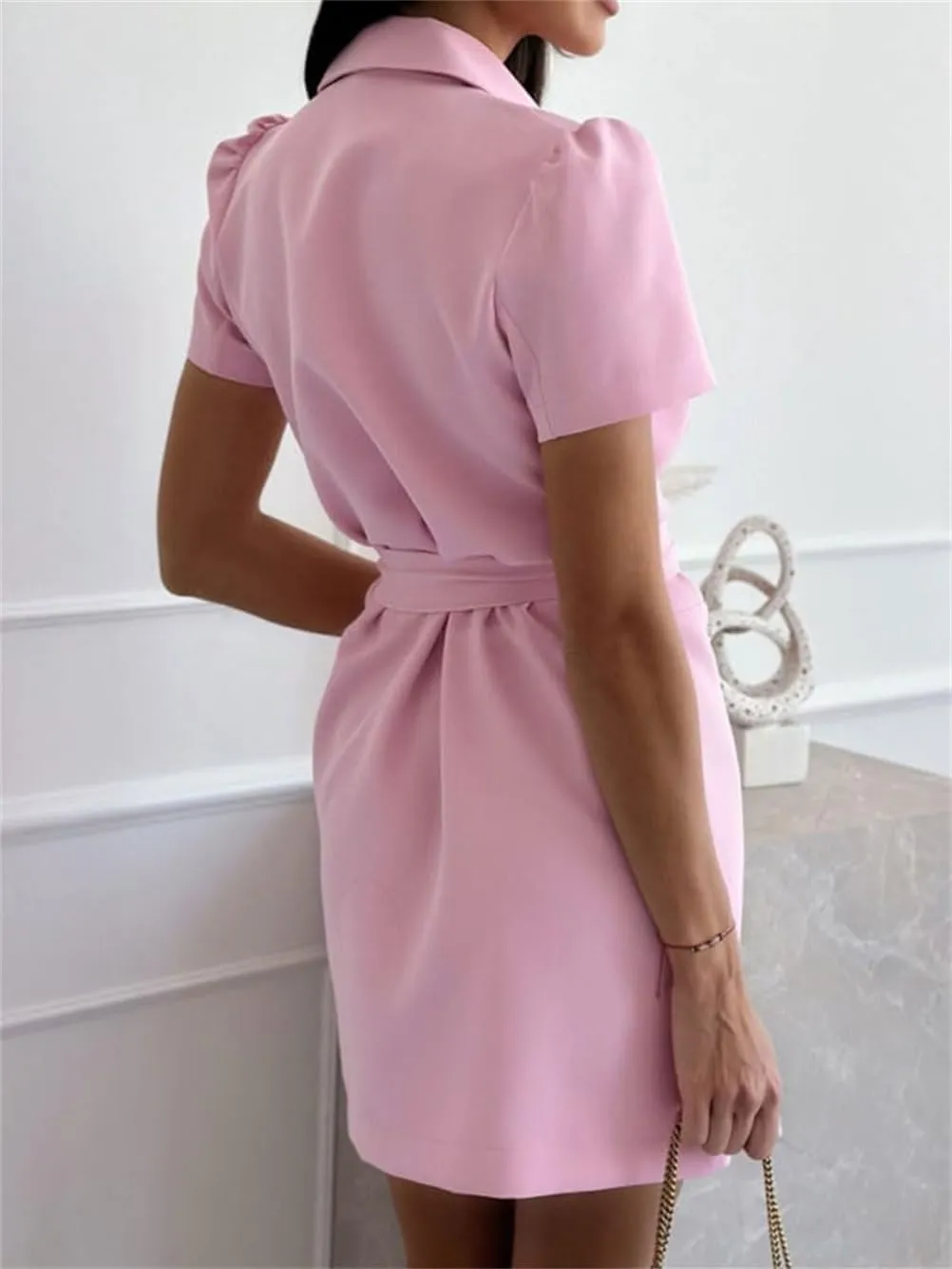 Women's Sexy Puff Sleeve Blazer Dress,V Neck Short Sleeve Notched Lapel Slit Double Breasted Belted Blazer Dress