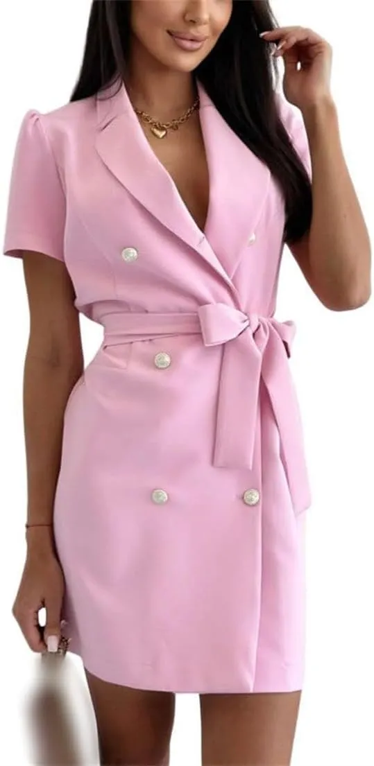 Women's Sexy Puff Sleeve Blazer Dress,V Neck Short Sleeve Notched Lapel Slit Double Breasted Belted Blazer Dress