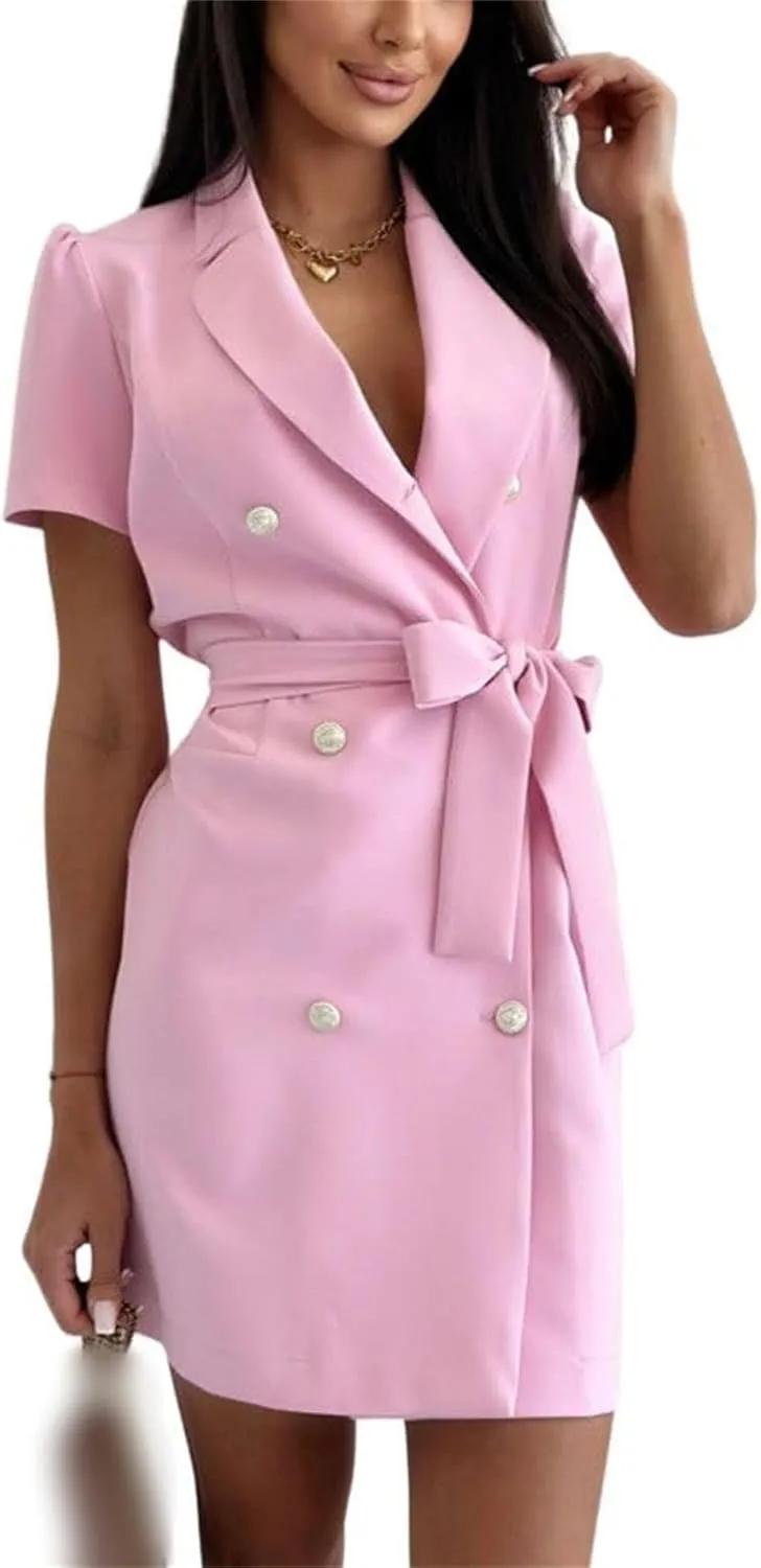 Women's Sexy Puff Sleeve Blazer Dress,V Neck Short Sleeve Notched Lapel Slit Double Breasted Belted Blazer Dress