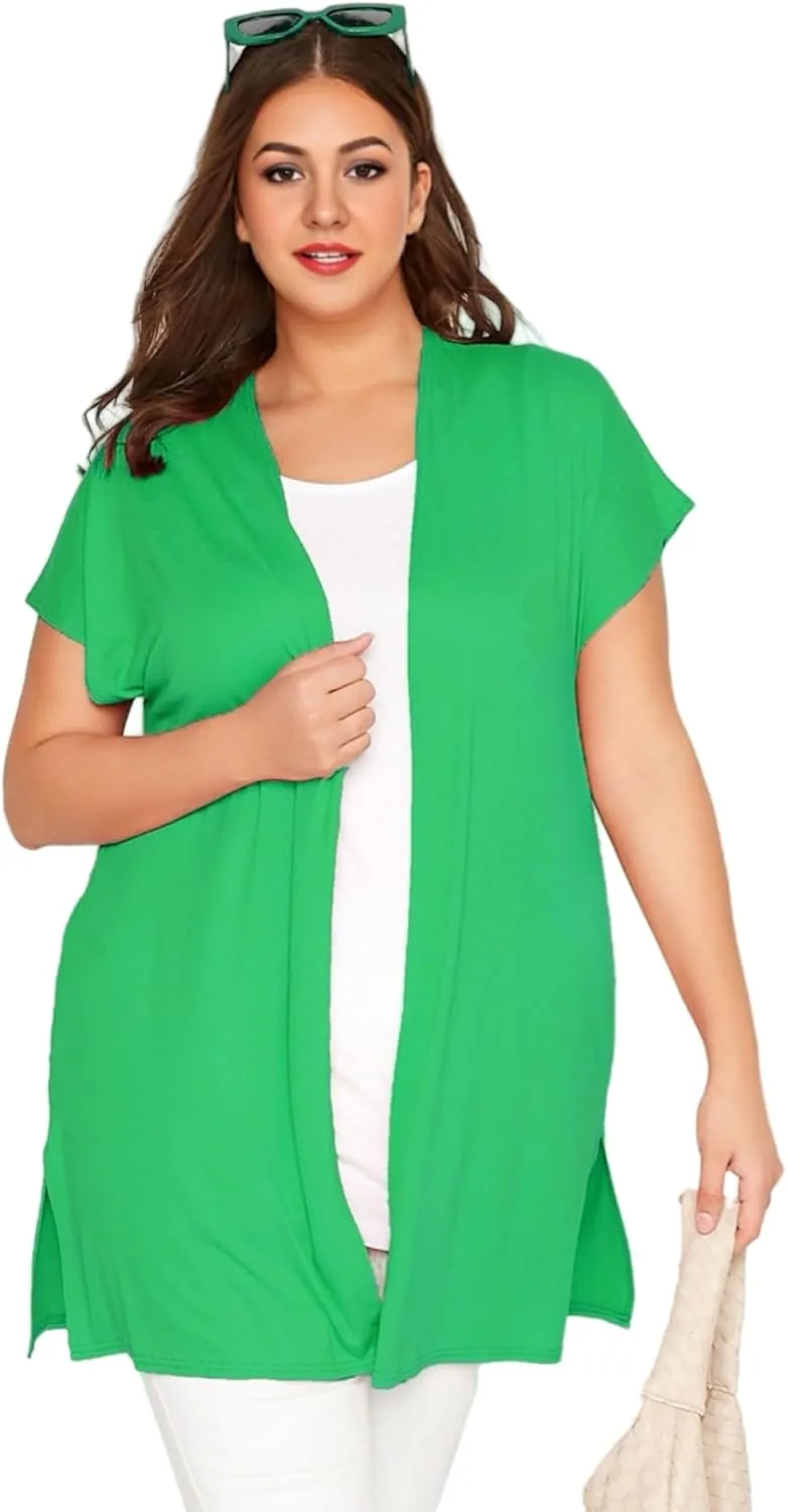 Womens Short Sleeve Plus Size Summer Kimono Cardigan Oversized Casual Beach Cover Up Open Front Lightweight Cardigan