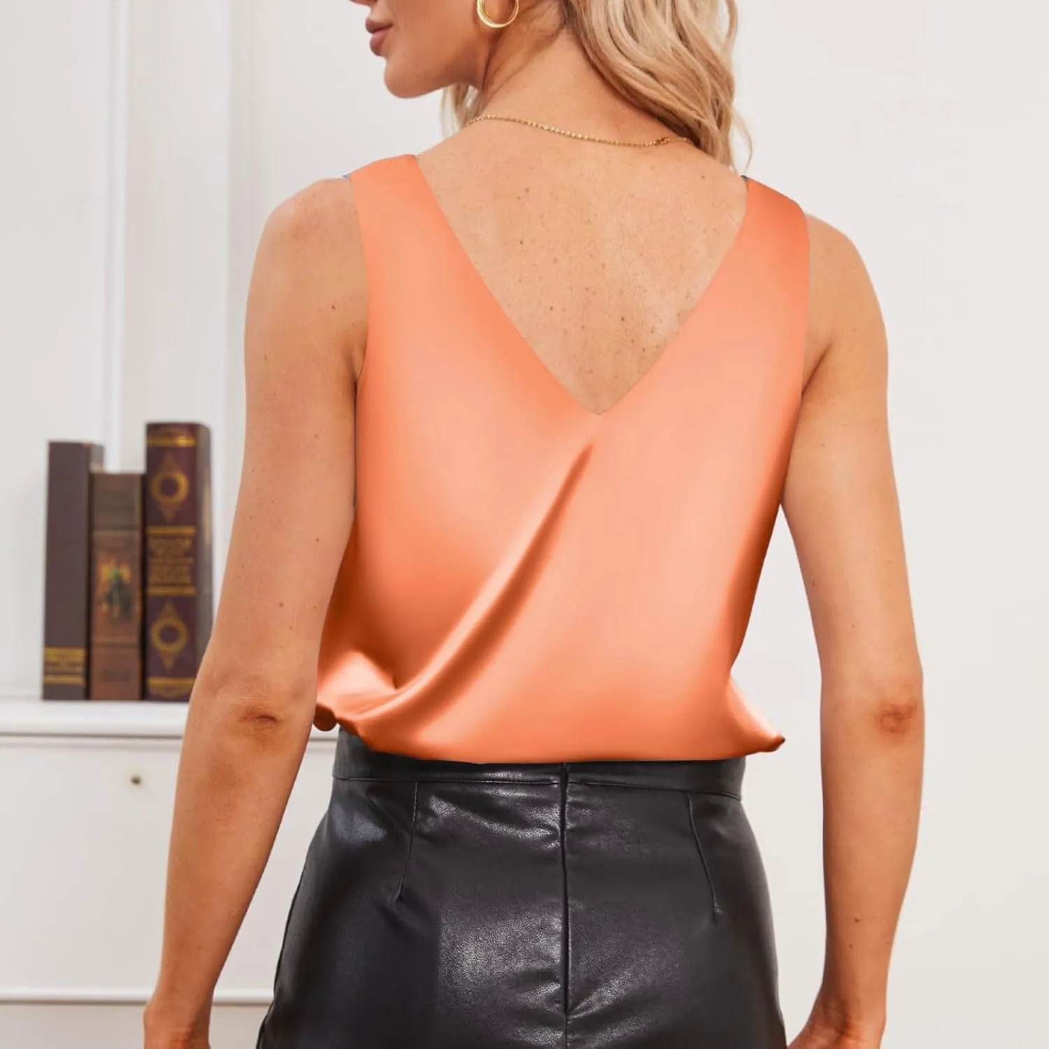 Womens Silk Satin Tank Tops Dressy Casual V Neck Cami Sleeveless Camisole Blouses Summer Basic Tank Shirt