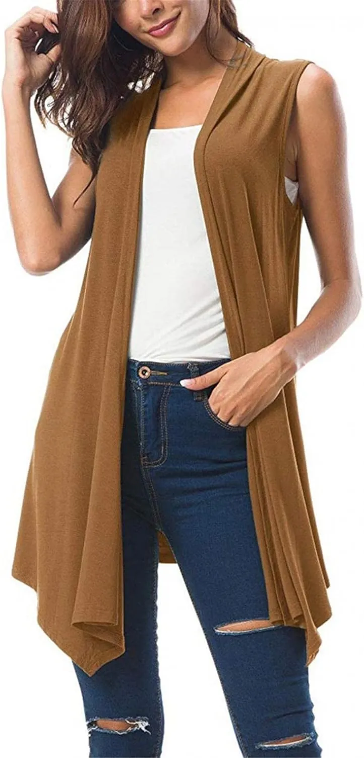 Women's Sleeveless Lightweight Draped Cardigan Vest Asymmetric Hem Open Front Coat Outerwear