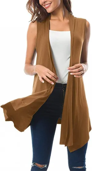Women's Sleeveless Lightweight Draped Cardigan Vest Asymmetric Hem Open Front Coat Outerwear