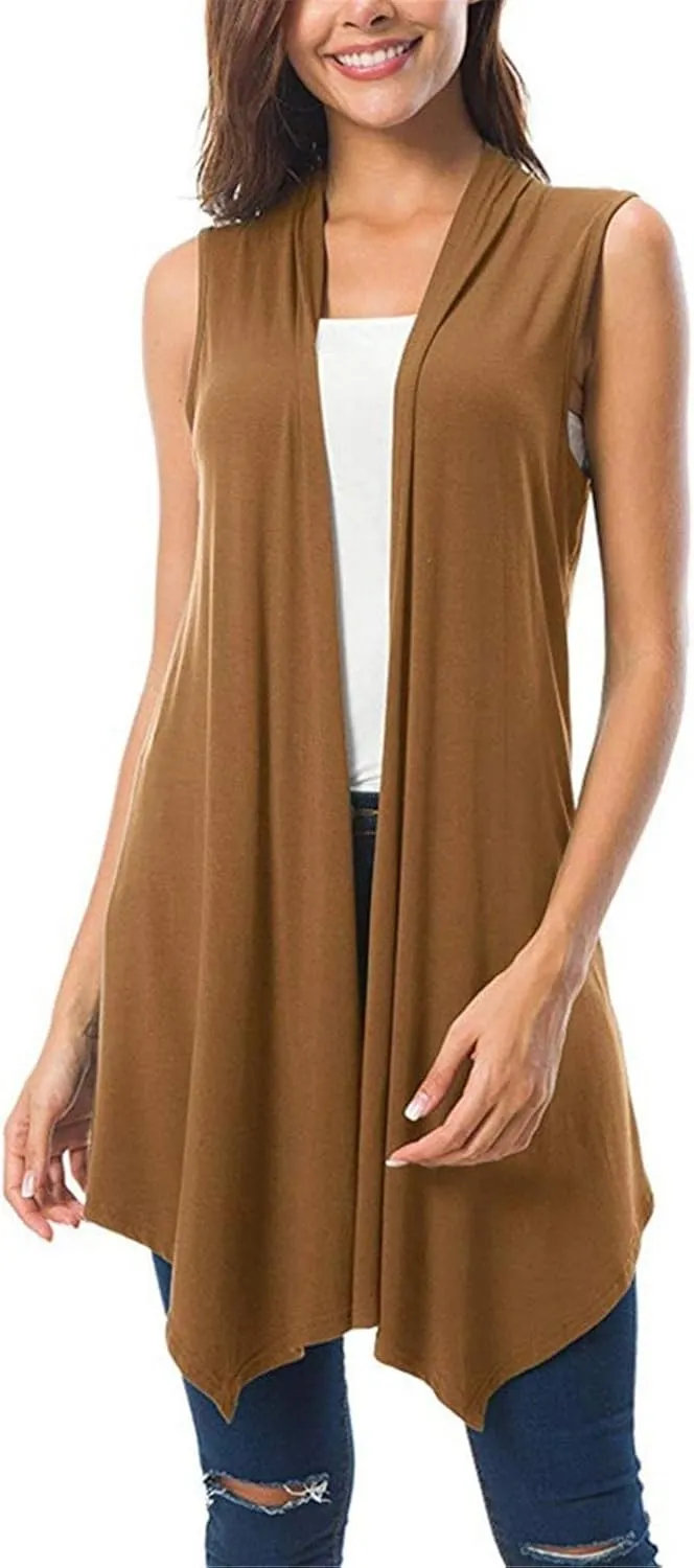 Women's Sleeveless Lightweight Draped Cardigan Vest Asymmetric Hem Open Front Coat Outerwear