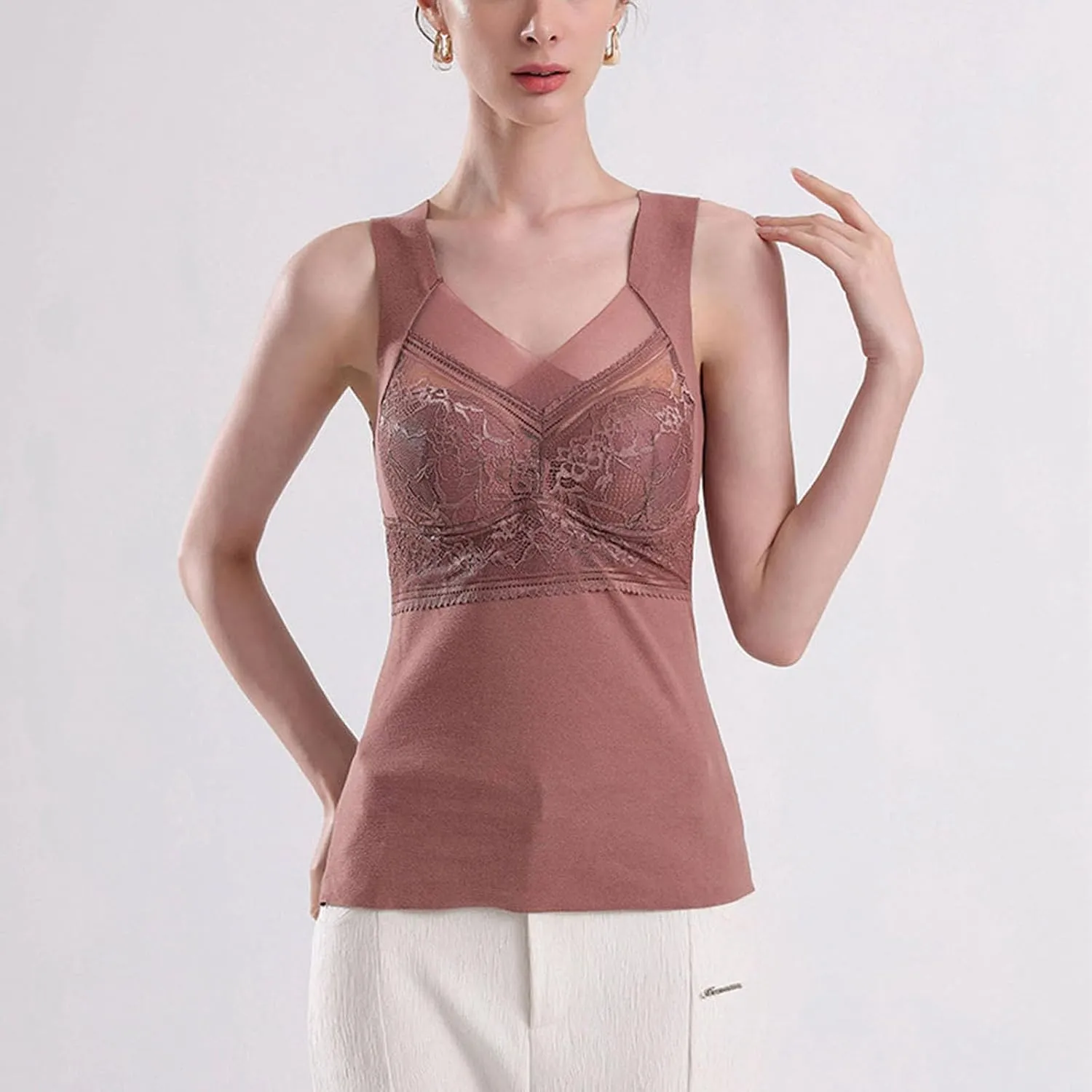 Womens Sleeveless Thermal Tank Tops Comfy Lace Warm Camisole Basic Thin Comfy Underwear Fall Baselayer V Neck Vest