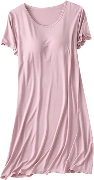 Womens Soft Nightgown Short Sleeve Nightshirt with Built in Bra Solid Sleepwear Comfy Loungewear Pajamas