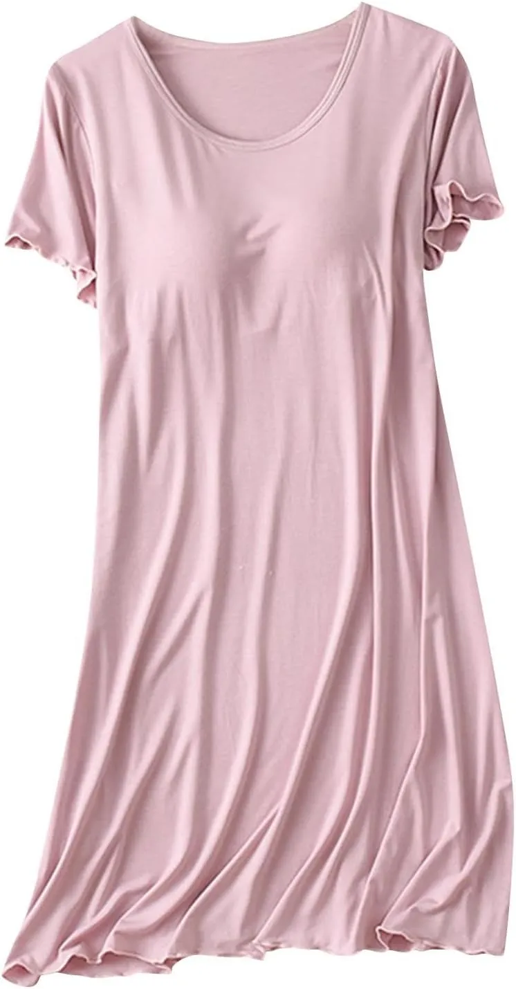 Womens Soft Nightgown Short Sleeve Nightshirt with Built in Bra Solid Sleepwear Comfy Loungewear Pajamas