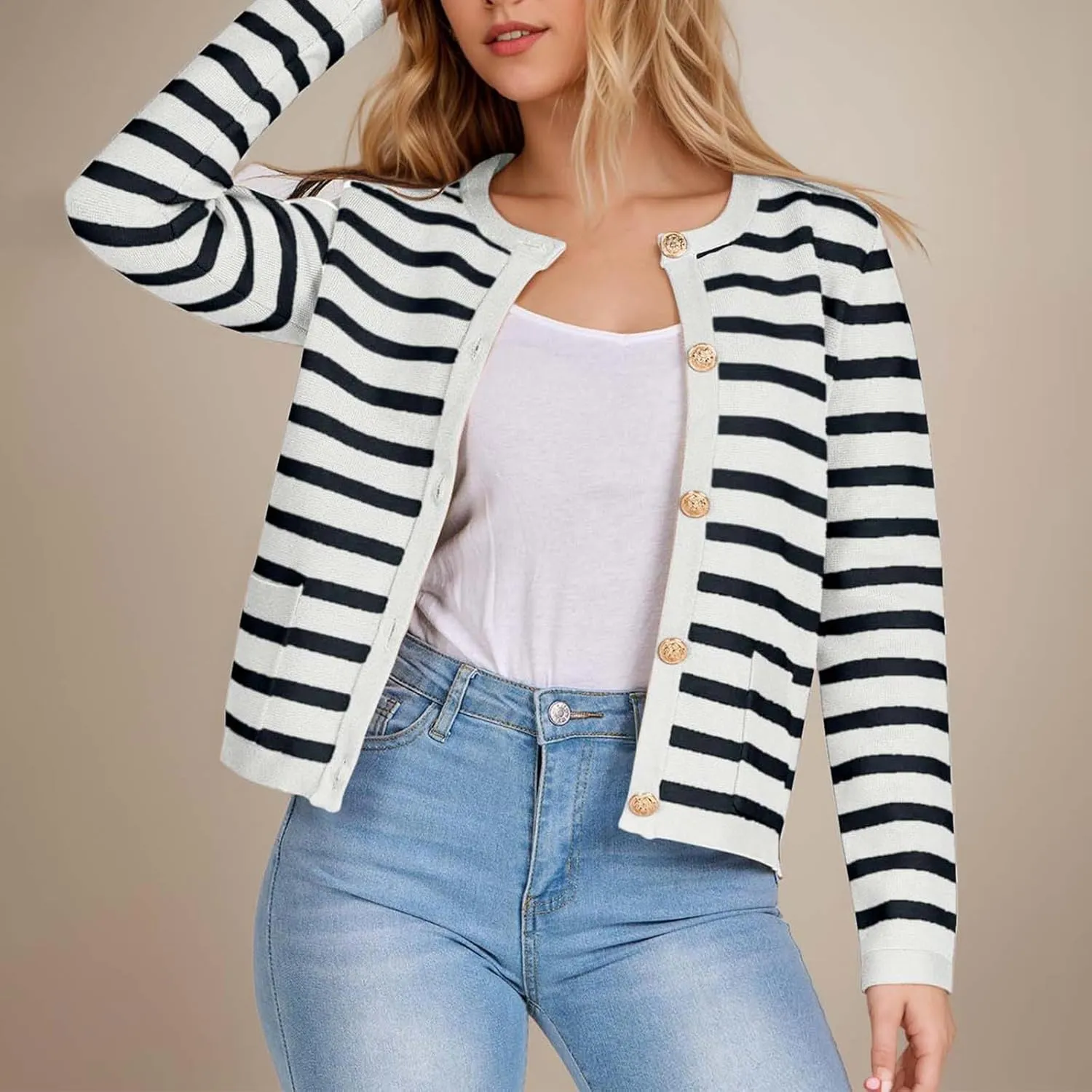 Women's Striped Cardigan Sweaters Gold Button Long Sleeve Crewneck Cardigans Casual Knit Sweater Jacket Coat with Pockets