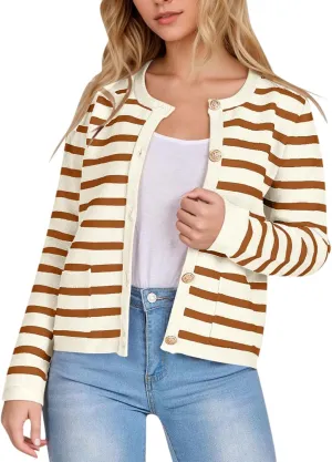 Women's Striped Cardigan Sweaters Gold Button Long Sleeve Crewneck Cardigans Casual Knit Sweater Jacket Coat with Pockets