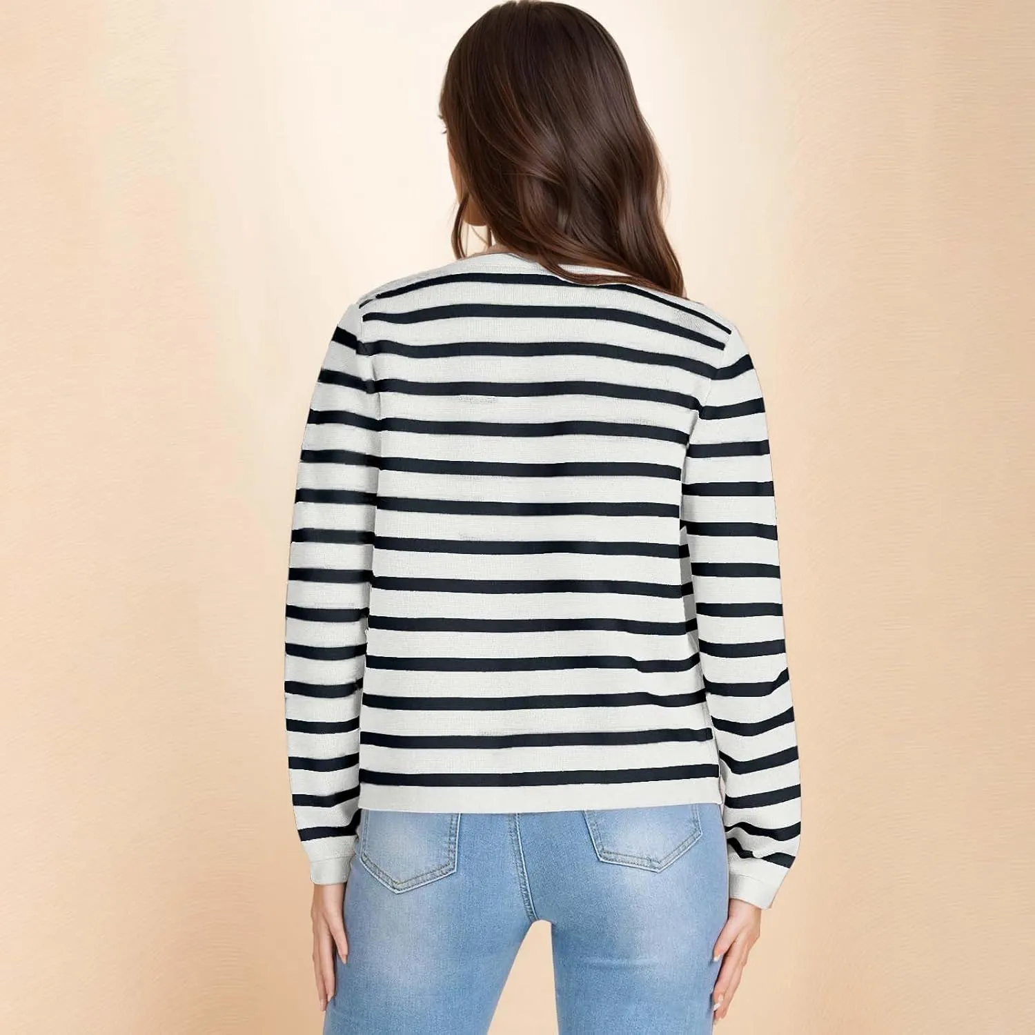 Women's Striped Cardigan Sweaters Gold Button Long Sleeve Crewneck Cardigans Casual Knit Sweater Jacket Coat with Pockets