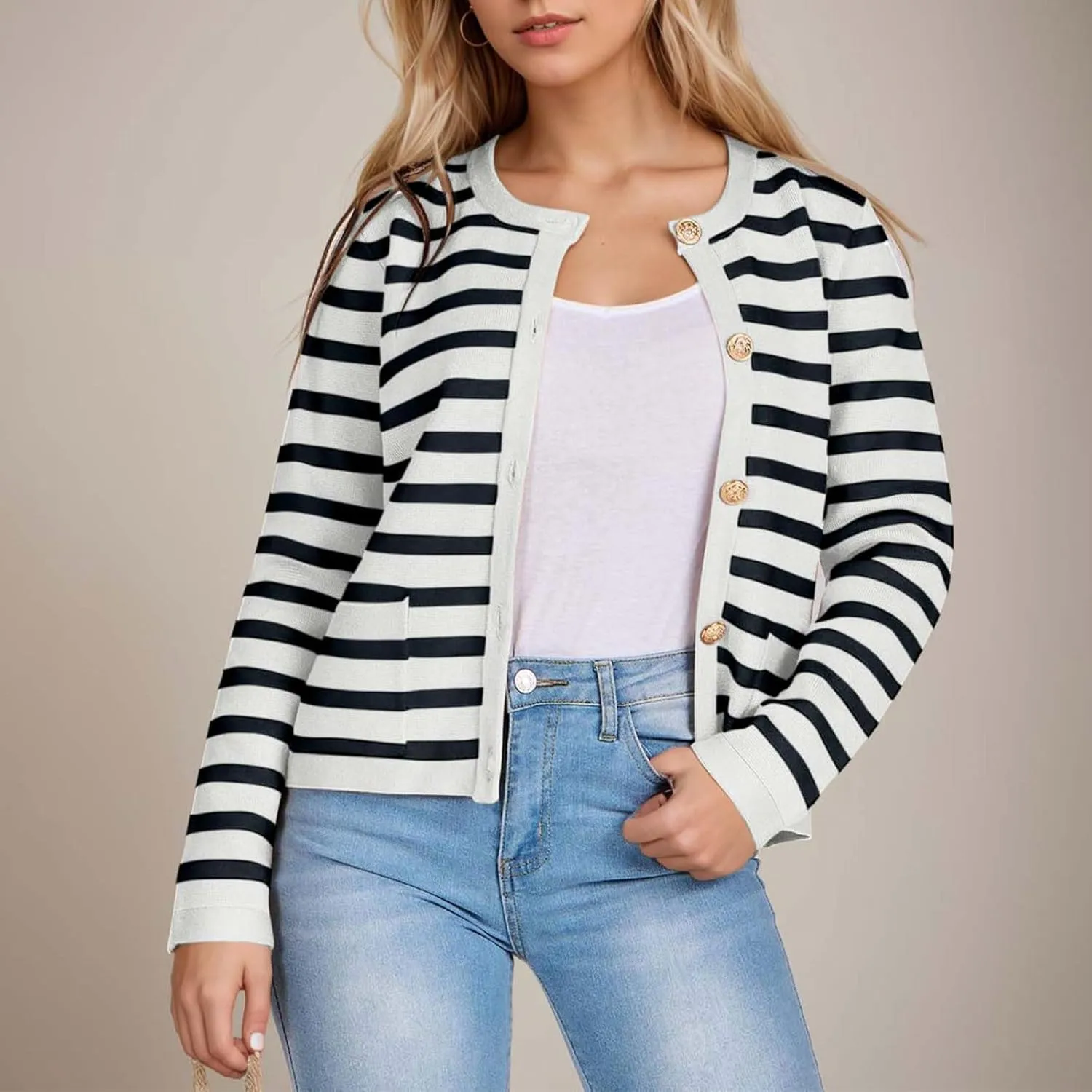 Women's Striped Cardigan Sweaters Gold Button Long Sleeve Crewneck Cardigans Casual Knit Sweater Jacket Coat with Pockets