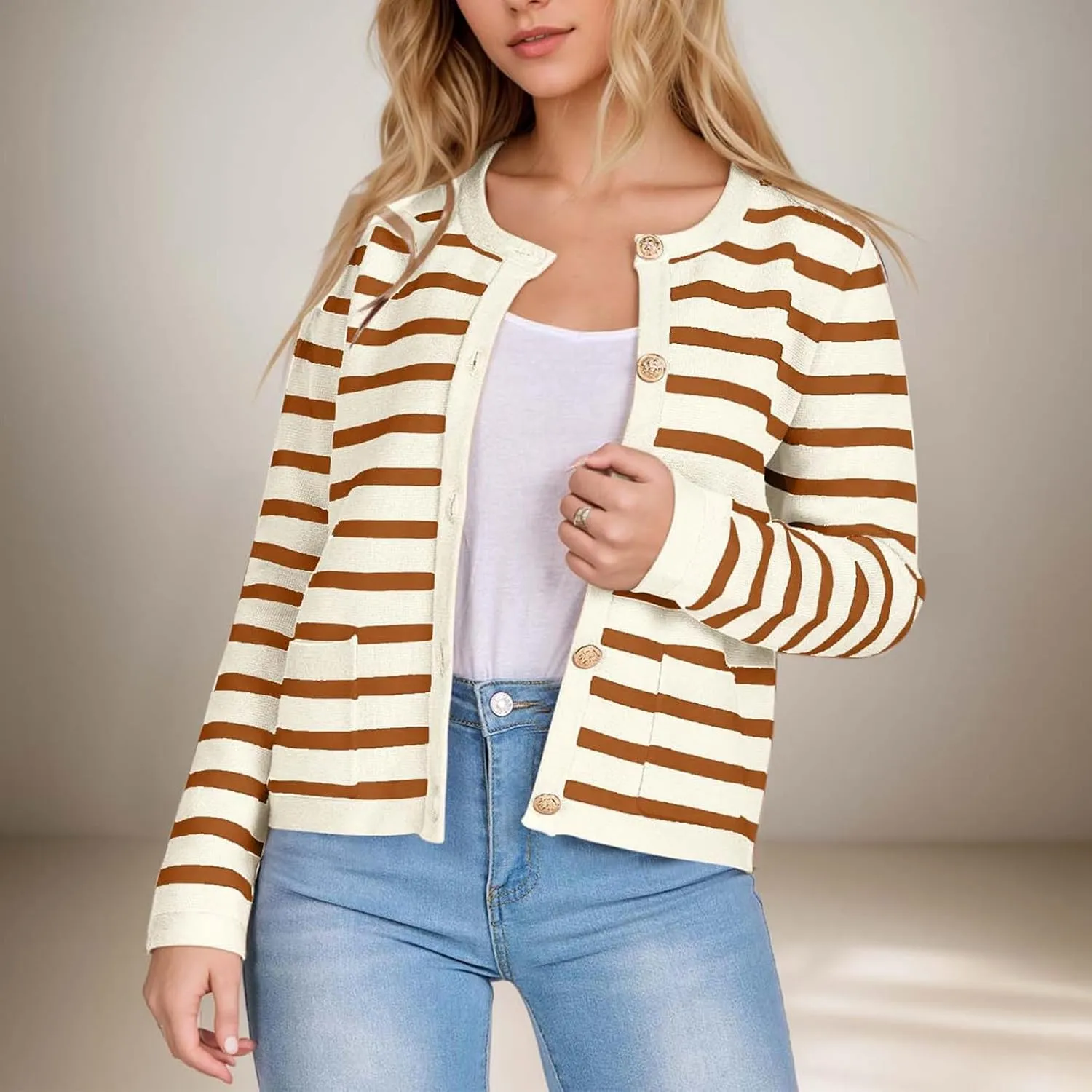 Women's Striped Cardigan Sweaters Gold Button Long Sleeve Crewneck Cardigans Casual Knit Sweater Jacket Coat with Pockets