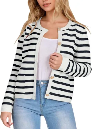Women's Striped Cardigan Sweaters Gold Button Long Sleeve Crewneck Cardigans Casual Knit Sweater Jacket Coat with Pockets