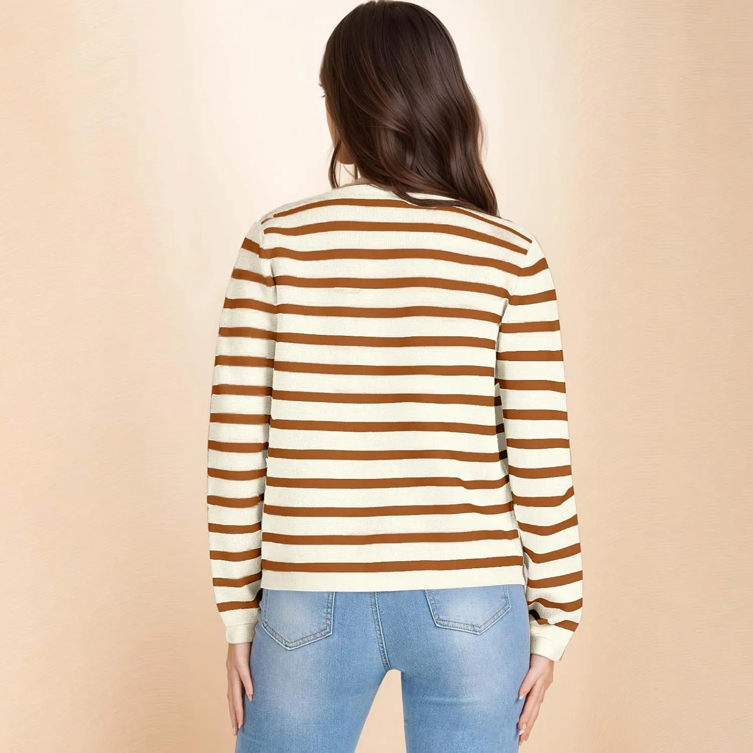 Women's Striped Cardigan Sweaters Gold Button Long Sleeve Crewneck Cardigans Casual Knit Sweater Jacket Coat with Pockets
