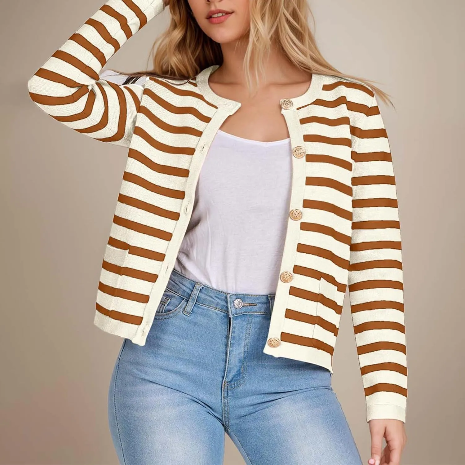 Women's Striped Cardigan Sweaters Gold Button Long Sleeve Crewneck Cardigans Casual Knit Sweater Jacket Coat with Pockets