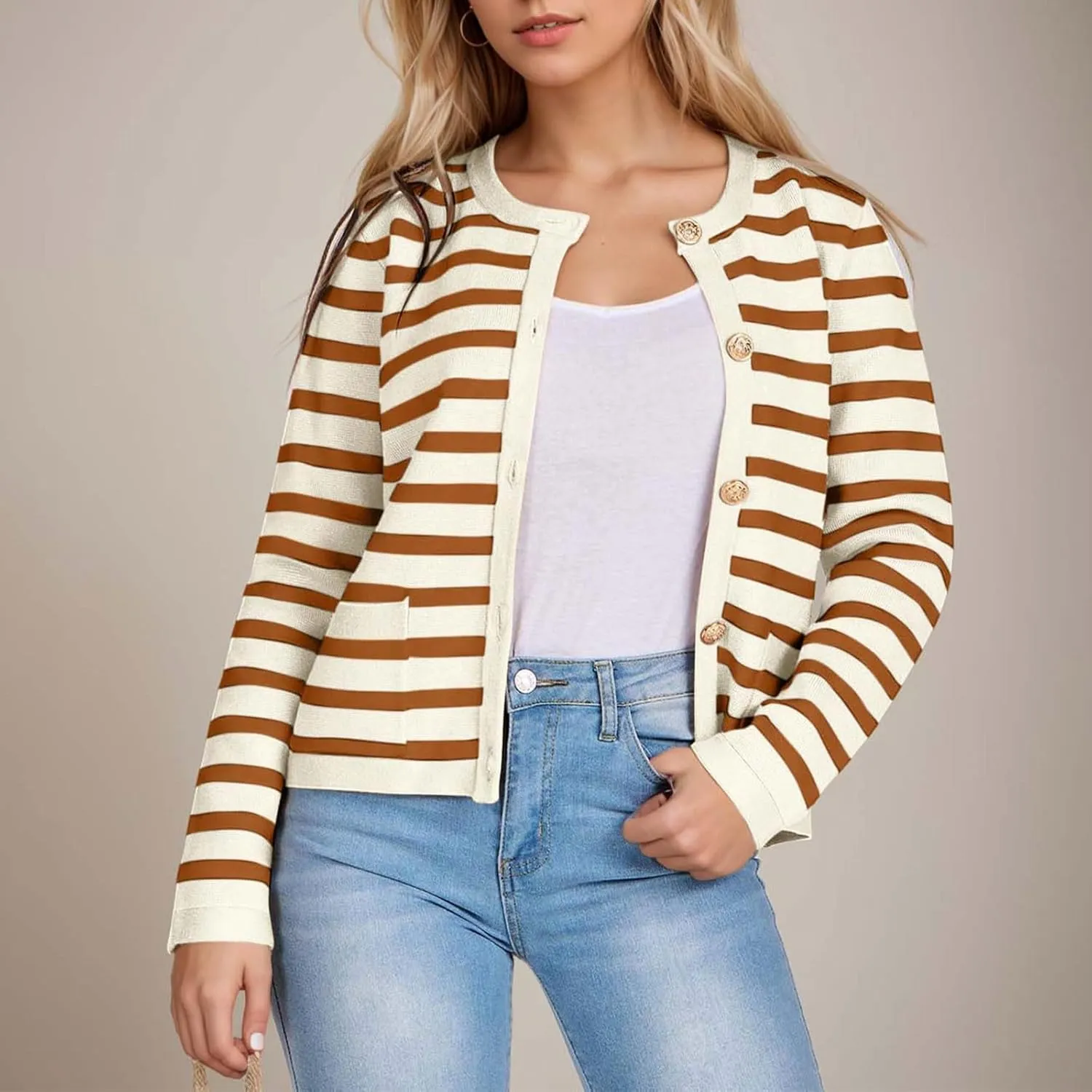 Women's Striped Cardigan Sweaters Gold Button Long Sleeve Crewneck Cardigans Casual Knit Sweater Jacket Coat with Pockets